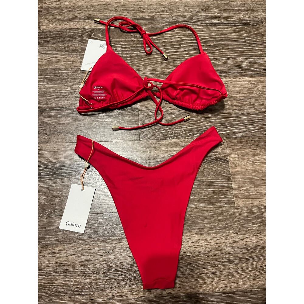 Quince Italian High Leg Bikini Bottom and Triangle Bikini Top Cherry Red Size S - Picture 6 of 6